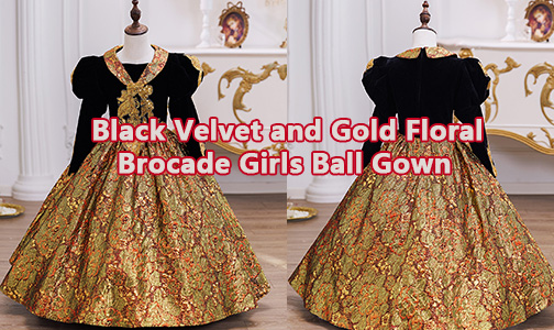 Girls Black Velvet and Gold Floral Brocade Masquerade Ball Gown Theater Dress